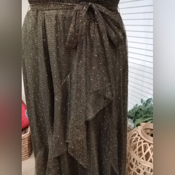 Gold Bronze Metallic Tiered Ruffle Hem Dress Size 16 Shawl Included NWOT - Picture 3 of 14